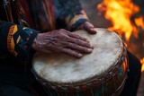 Close-up Portrait of Native American Clan Leader's Hand Playing Drum in Their Ceremony, Fire Burning in Background, 