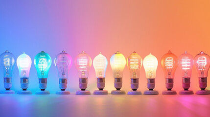 Vibrant Row of Vintage Light Bulbs with Colorful Gradient Background Showcasing Different Filament Designs