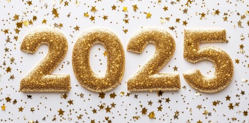 Gold confetti and glittering 2025 text on white background