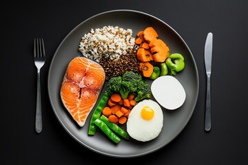 Poster - Abstract representation of a healthy meal plate, featuring simple shapes for proteins, grains, and vegetables in a minimalist style