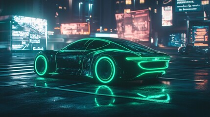 Wall Mural - Futuristic car with green neon lights parked on a street at night.