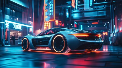 Futuristic car with neon lights in a city at night.