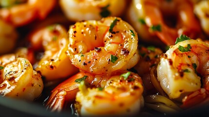 Wall Mural - a close up of cooked shrimp in a pan with parsley