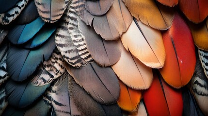 Colorful feathers with intricate patterns showcasing nature's beauty in close-up detail