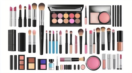 Professional makeup artist kit featuring a diverse array of cosmetic products including brushes, lipsticks, eyeshadows, and blushes on white background.