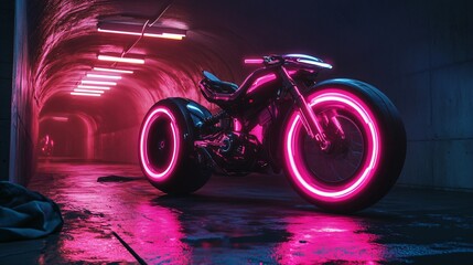 Wall Mural - Futuristic motorcycle with neon lights in a dark tunnel.