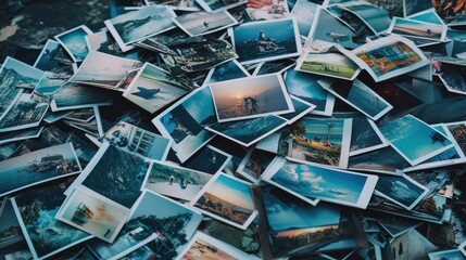 a heap of printed travel photographs strewn on the ground, echoing memories and the wanderlust spiri