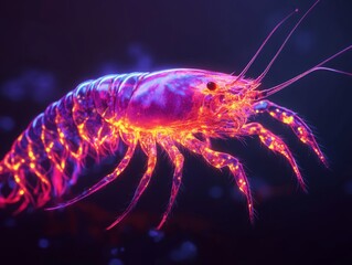 A glowing shrimp flits across a dark underwater scene