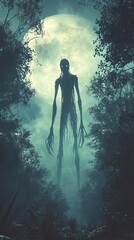 Wall Mural - A creepy monster stands in front of a full moon in a dark forest