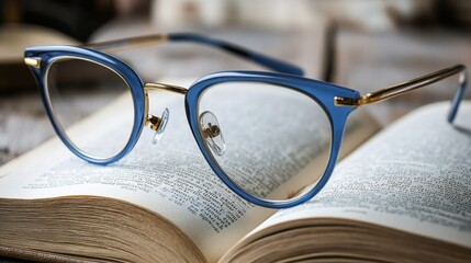 Glasses resting on an open book in a library filled with bookshelves during daylight