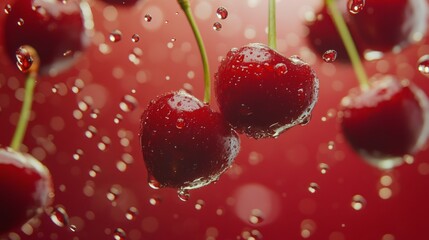 Wall Mural - Fresh cherries splashing in water droplets against a vibrant red background during summer