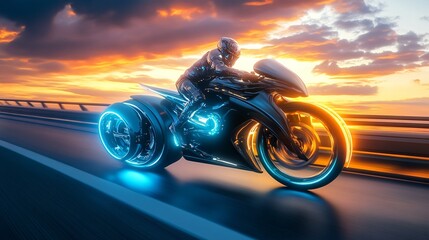 Wall Mural - Futuristic motorcycle speeding on a highway with glowing wheels at sunset.