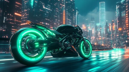 Wall Mural - Futuristic motorcycle with neon lights speeding through a city at night.