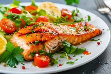 Grilled salmon fillet with herbs and lemon on white background