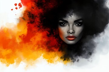 Wall Mural - A woman's face emerging from an abstract cloud of orange and black paint.