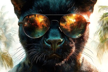 Stylish panther wearing sunglasses reflecting tropical sunset