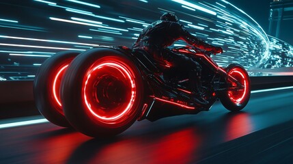 Wall Mural - Futuristic motorcycle with red glowing wheels speeds through a blue neon tunnel.