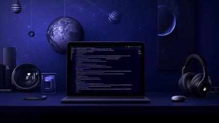 A MacBook Pro with the code on the screen is sitting in front of an epic dark blue background. A pair of black headphones hang off to one side, and the desk it's set up on has some tech gadgets. There