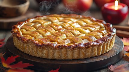 Wall Mural - Apple pie decorated with lattice overhead shot, fall baking concept