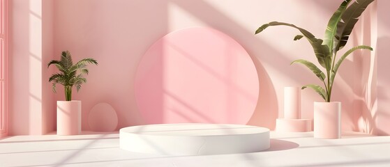 Aufkleber - Soft Pink Indoor Scene with Plants and Shapes