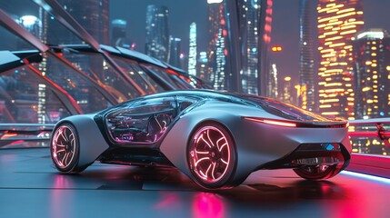 Wall Mural - Futuristic silver sports car with glowing pink wheels, parked on a platform overlooking a neon city at night.