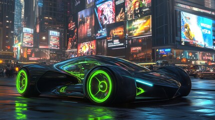 Wall Mural - Futuristic sports car drives through a city at night with glowing green wheels.