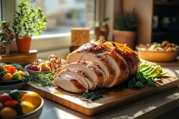 Sliced roasted turkey on a wooden cutting board, garnished with herbs and served for a holiday meal