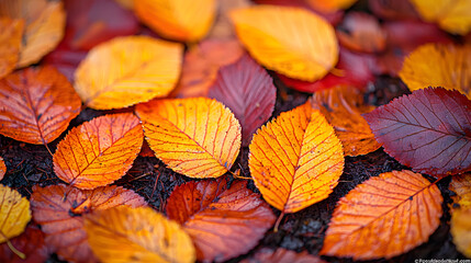 Wall Mural - Vibrant autumn leaves in shades of orange and red blanket the forest floor, creating a stunning natural carpet of color.