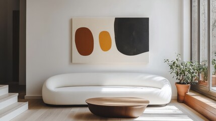 Poster - A modern living room featuring a unique sofa, abstract artwork, and indoor greenery in soft light