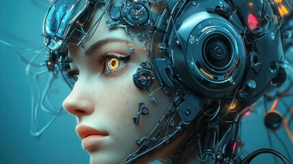 Poster - generative ai illustration of young female detailed cyborg with mechanisms and wires in head against