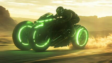 Wall Mural - Futuristic motorcycle with green glowing wheels speeds through a desert at sunset.