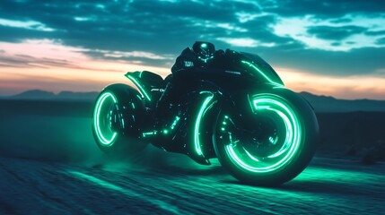 Wall Mural - Futuristic motorcycle with green neon lights driving at sunset.