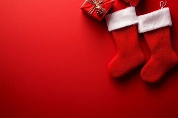 Sticker - Stockings and a wrapped present rest against a vibrant red backdrop, evoking the joy of the Christmas season and holiday traditions