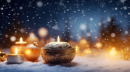Poster - Christmas card with snow and candles. Winter holidays ornament and candles on the Xmas scene