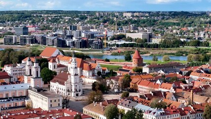 Wall Mural - Kaunas old town, Lithuania. Panoramic aerial 4K video footage of Kaunas city center with many historical buildings