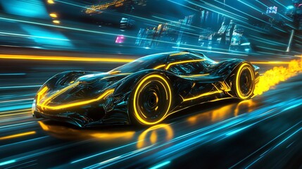 Wall Mural - Futuristic sports car speeding through the night with neon lights.