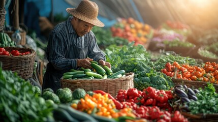 A dedicated farmer carefully gathers fresh vegetables at an organic farm, surrounded by an array of colorful produce under the warm glow of sunset