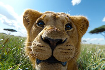 Poster - Close-up of a lionâ€™s face, showing hyper-realistic detail of its fur, whiskers, and powerful gaze with the African savanna in the background