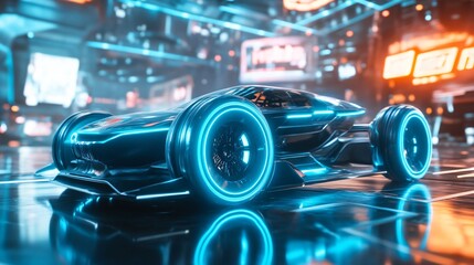 Wall Mural - Futuristic sports car with glowing blue lights in a city setting.