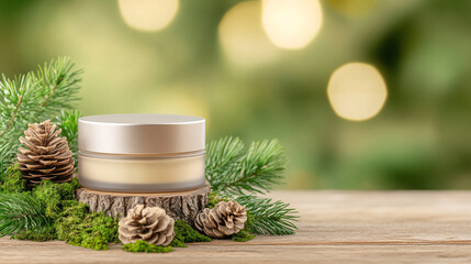 A jar of cream sits on a wooden table with pine needles and pine cones surrounding it. Concept of warmth and coziness, as if the cream is being presented in a rustic, natural setting