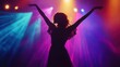 © Bijac - silhouette of graceful woman dancer in flowing dress arms raised against vibrant disco lights capturing the energy and freedom of nightclub atmosphere
