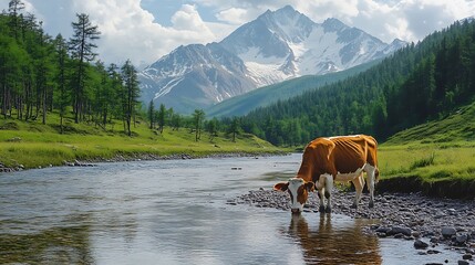 Wall Mural - Scenic landscape featuring cow standing in tranquil mountain stream image