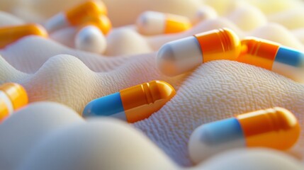 Colorful assortment of capsules and tablets on a textured surface in a close-up display