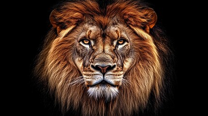 Wall Mural - A close-up of the muzzle of an adult lion with a golden mane and yellow eyes. The predator stares straight into the camera. Natural background. Illustration for cover, card, interior design, etc.