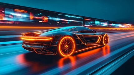 Wall Mural - Futuristic sports car with glowing orange lights driving on a highway at night.