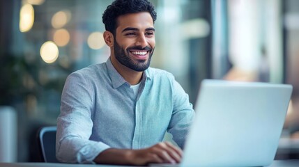 Smiling young middle eastern businessman sitting at worktable at modern office typing on computer keyboard sending emails to his business partners working on marketing research copy sp : Generative A