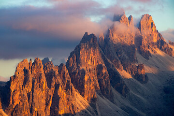 Impressive view of Croda da Lago mountain chain in beautiful sunset light