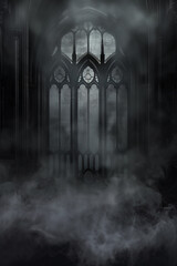 A dark, atmospheric interior of a gothic cathedral featuring tall, arched windows shrouded in mist. The light filters through the stained glass, mystery, supernatural scene