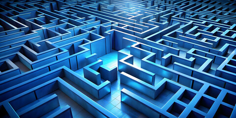 Poster - The Labyrinth of Complexity: A captivating abstract concept of a blue 3D maze, symbolizing the intricate challenges and paths to success in life and business.  