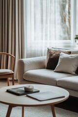 Poster - Cozy living room with neutral furnishings and natural light in a modern home setting